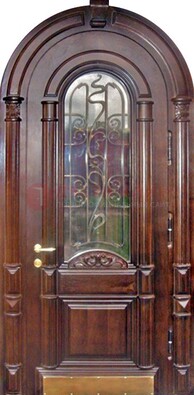 Арочная металлическая дверь массив со стеклом и ковкой ДА-50 в Липецке