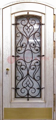 Железная дверь Винорит в форме арки со стеклом и ковкой ДА-53 в Пскове