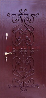 Бордовая металлическая дверь с ковкой ДК-21 в кирпичный дом в Липецке