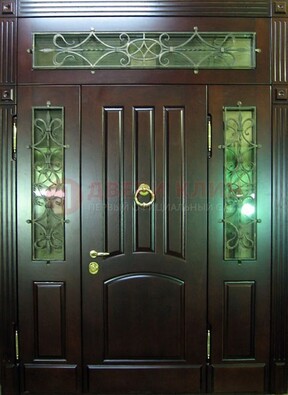 Стальная парадная дверь со стеклом и ковкой ДПР-18 для деревянного дома в Липецке