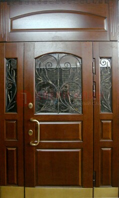 Стальная парадная дверь со вставками из стекла и ковки ДПР-30 в коттедж в Липецке