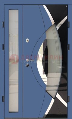 Синяя металлическая дверь со стеклом и узором ДС-13 в Липецке
