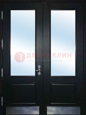 Черная двухстворчатая металлическая дверь со стеклом ДС-25 в Липецке