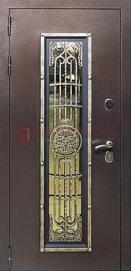 Железная дверь цвета медный антик со стеклом и ковкой ДСК-105 в Липецке