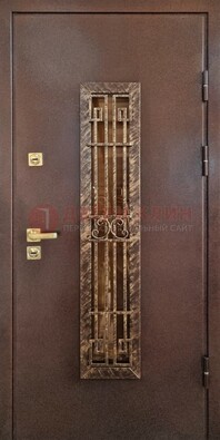 Металлическая дверь с порошковым напылением со стеклом и ковкой ДСК-110 в Липецке