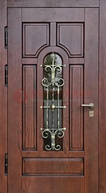 Cтальная дверь со стеклом и ковкой в коричневом цвете ДСК-119 в Липецке