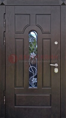 Металлическая дверь со стеклом и ковкой в цвете венге ДСК-142 в Липецке