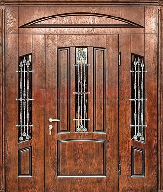 Стальная дверь со стеклом и ковкой с фрамугами ДСК-149 коричневая в Липецке