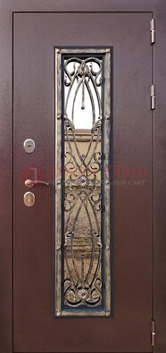 Коричневая стальная дверь порошок со стеклом и ковкой для дома ДСК-169 в Липецке