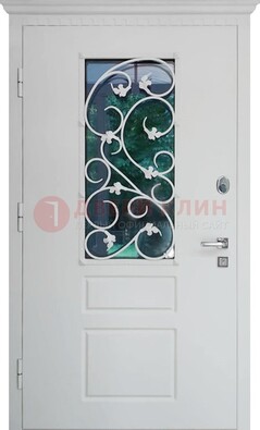 Белая металлическая дверь винорит со стеклом и ковкой ДСК-184 в Липецке