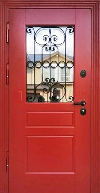 Красная железная дверь Винорит со стеклом и ковкой ДСК-205 в Липецке