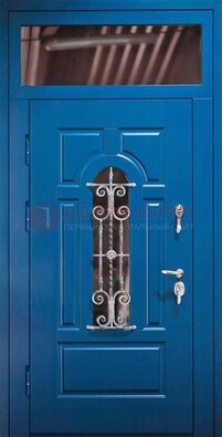 Синяя железная филенчатая дверь со стеклом и ковкой ДСК-97 в Липецке