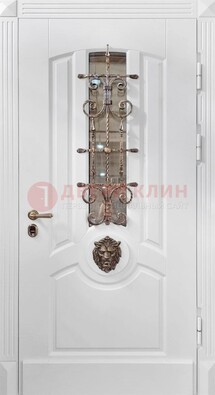 Белая металлическая дверь с виноритом и стеклом с ковкой ДВТ-165 в Липецке
