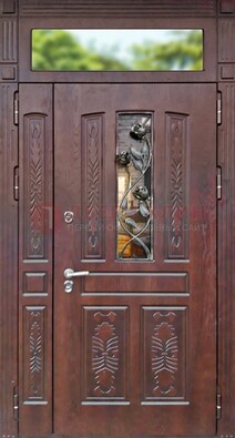 Коричневая металлическая дверь с виноритом и резьбой ДВТ-56 в Липецке