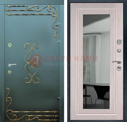 Железная темная дверь c порошковым напылением и МДФ Белый дуб с зеркалом ДЗ-110 в Екатеринбурге