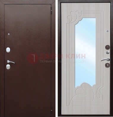 Коричневая металлическая дверь с зеркалом МДФ внутри ДЗ-33 в Липецке