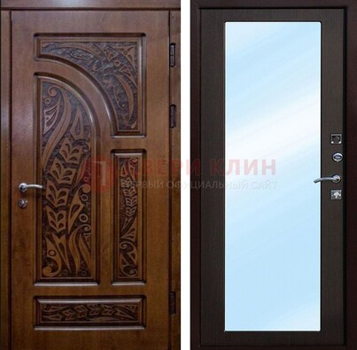 Коричневая входная дверь c узором и виноритом МДФ с зеркалом ДЗ-98 в Липецке