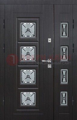 Чёрная двухстворчатая железная дверь с МДФ и витражом ВЖ-35 в Липецке