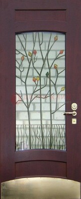 Бордовая стальная дверь с витражом и декоративным элементом ВЖ-3 в Туле